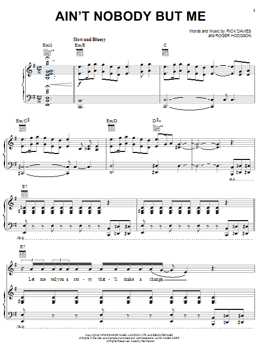 Supertramp Ain't Nobody But Me Sheet Music Notes & Chords for Piano, Vocal & Guitar (Right-Hand Melody) - Download or Print PDF
