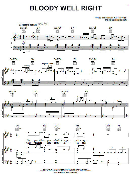 Supertramp Bloody Well Right Sheet Music Notes & Chords for Guitar Tab - Download or Print PDF