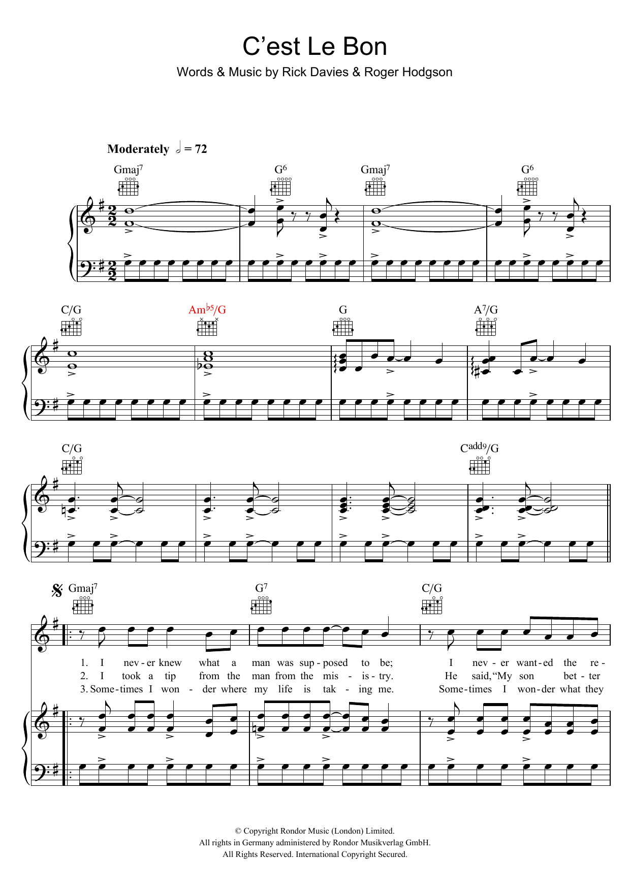 Supertramp C'est Le Bon Sheet Music Notes & Chords for Piano, Vocal & Guitar (Right-Hand Melody) - Download or Print PDF