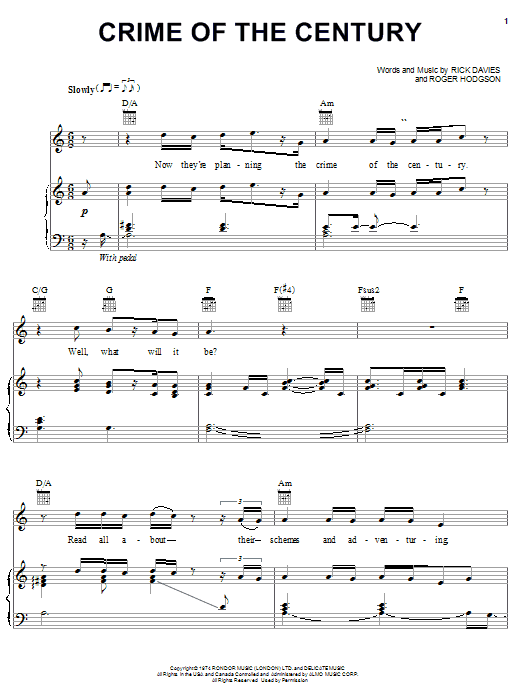 Supertramp Crime Of The Century Sheet Music Notes & Chords for Piano, Vocal & Guitar (Right-Hand Melody) - Download or Print PDF