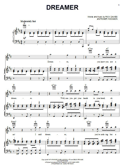 Supertramp Dreamer sheet music notes and chords. Download Printable PDF.