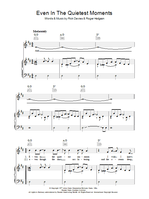 Supertramp Even In The Quietest Moments Sheet Music Notes & Chords for Guitar Tab - Download or Print PDF