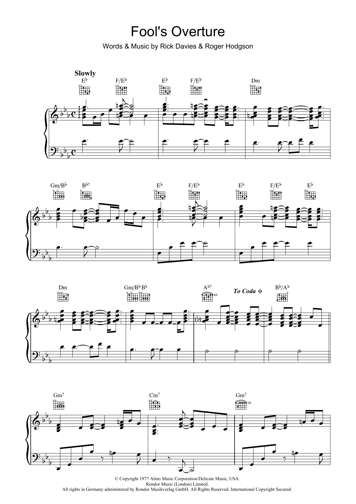 Supertramp Fool's Overture Sheet Music Notes & Chords for Piano, Vocal & Guitar (Right-Hand Melody) - Download or Print PDF