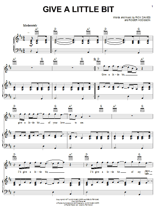 Supertramp Give A Little Bit Sheet Music Notes & Chords for Lyrics & Chords - Download or Print PDF