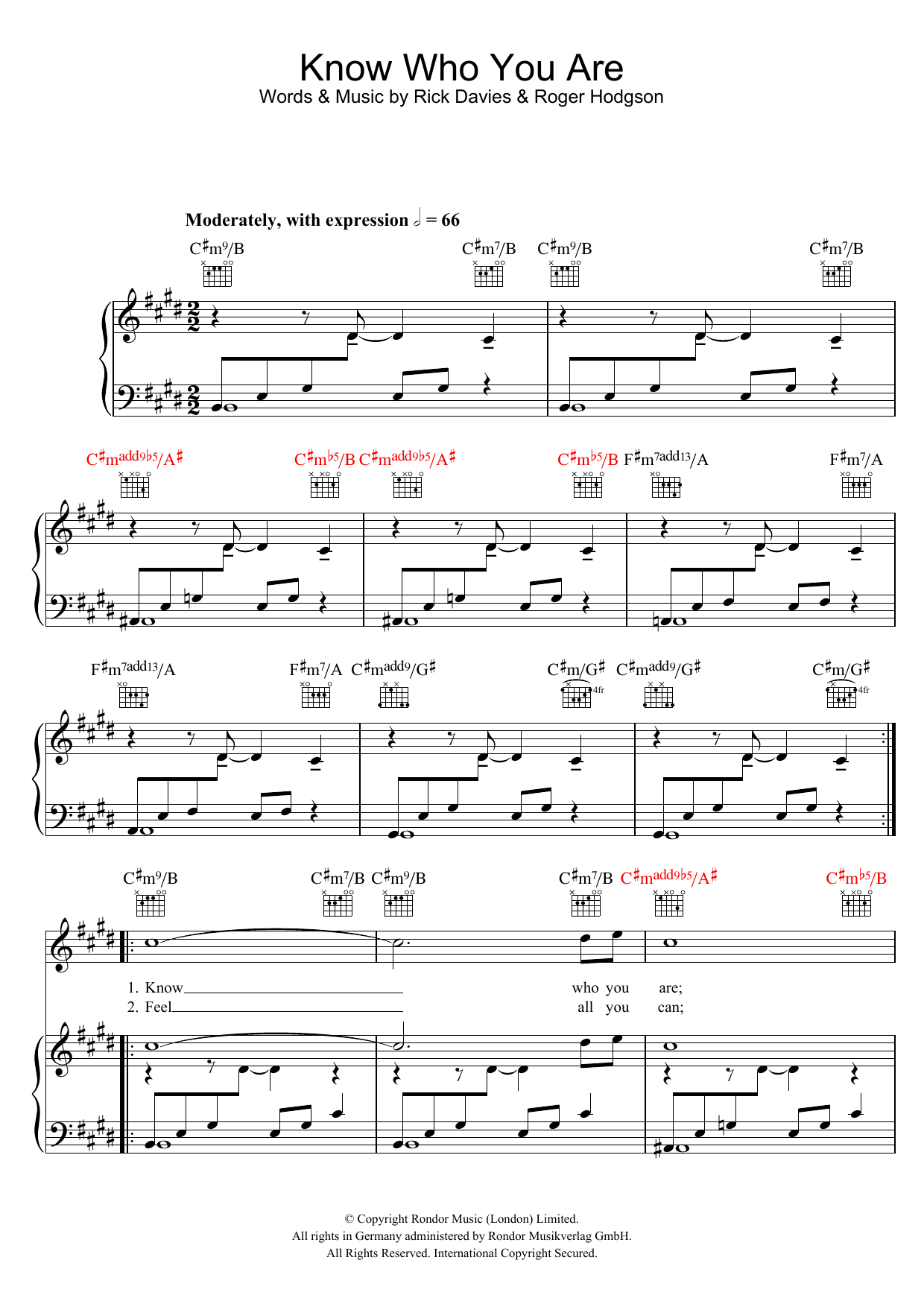 Supertramp Know Who You Are Sheet Music Notes & Chords for Piano, Vocal & Guitar (Right-Hand Melody) - Download or Print PDF