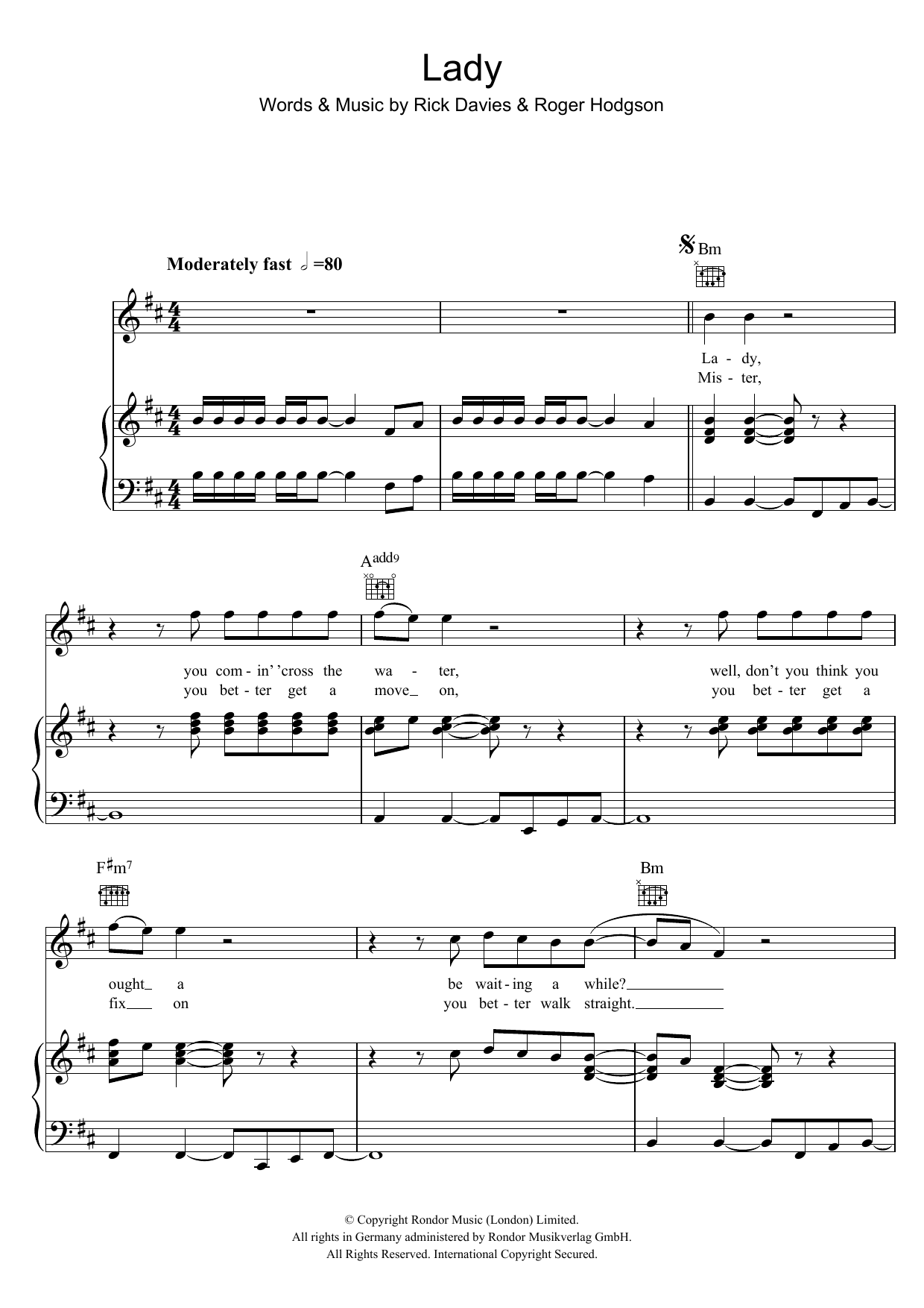 Supertramp Lady Sheet Music Notes & Chords for Piano, Vocal & Guitar (Right-Hand Melody) - Download or Print PDF