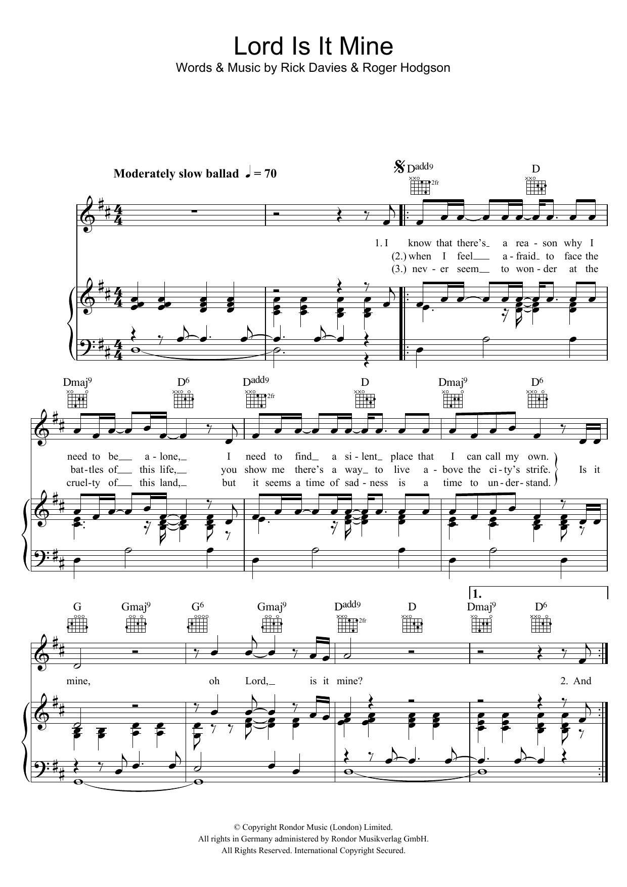 Supertramp Lord Is It Mine Sheet Music Notes & Chords for Piano, Vocal & Guitar (Right-Hand Melody) - Download or Print PDF