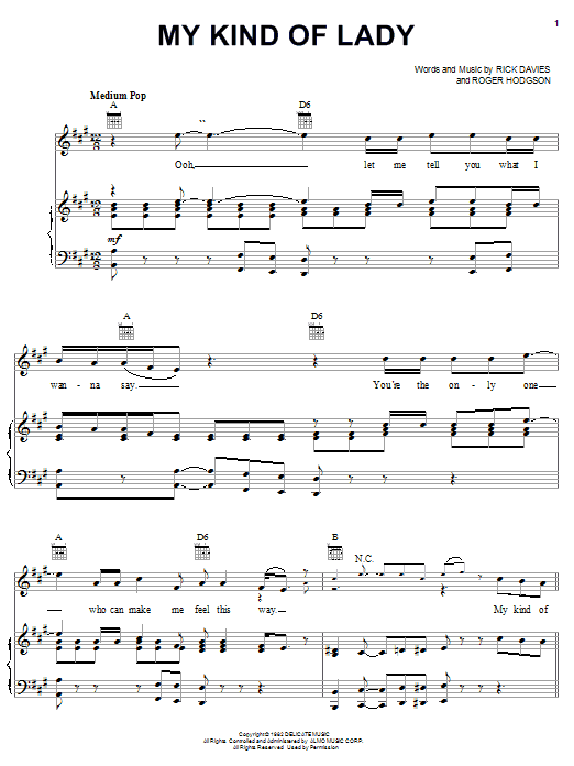 Supertramp My Kind Of Lady Sheet Music Notes & Chords for Piano, Vocal & Guitar (Right-Hand Melody) - Download or Print PDF