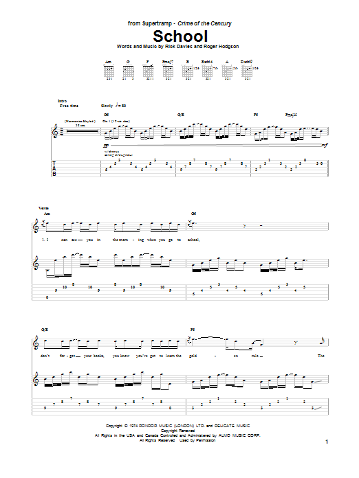 Supertramp School Sheet Music Notes & Chords for Guitar Tab - Download or Print PDF