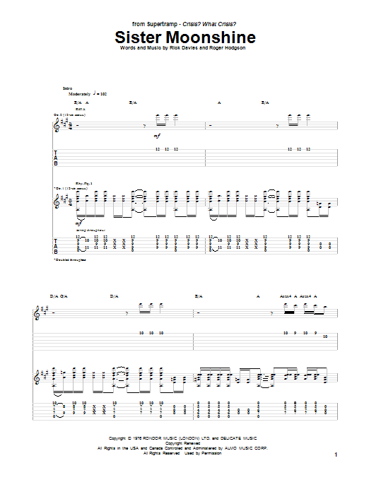 Supertramp Sister Moonshine Sheet Music Notes & Chords for Guitar Tab - Download or Print PDF