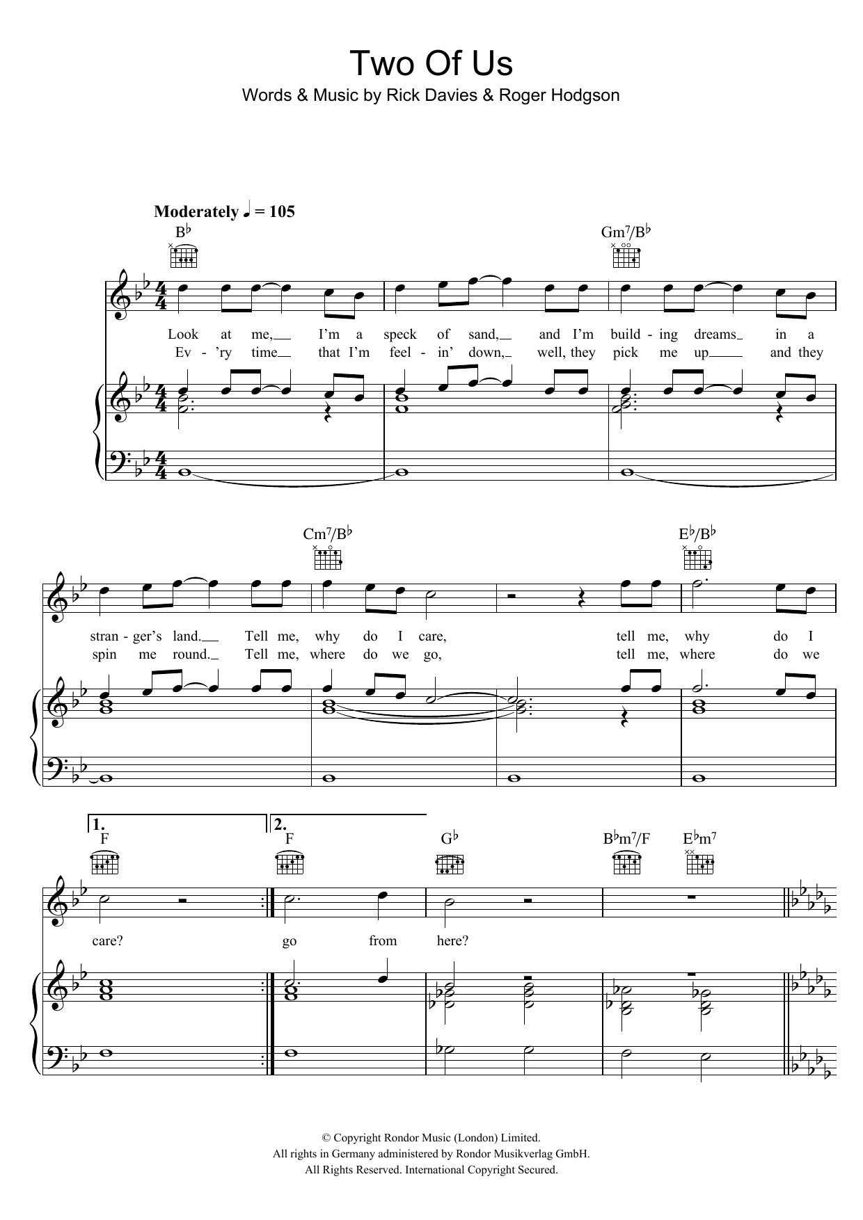 Supertramp Two Of Us Sheet Music Notes & Chords for Piano, Vocal & Guitar (Right-Hand Melody) - Download or Print PDF