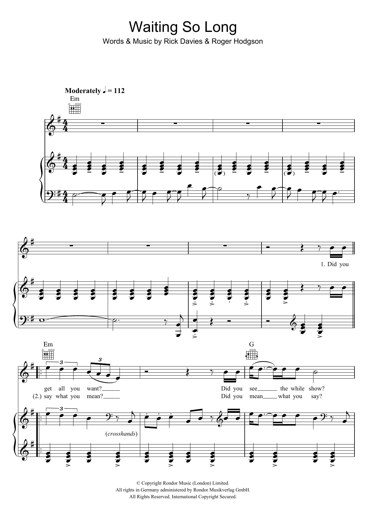 Supertramp Waiting So Long Sheet Music Notes & Chords for Piano, Vocal & Guitar (Right-Hand Melody) - Download or Print PDF