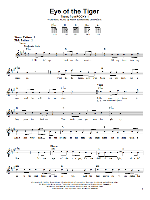 Survivor Eye Of The Tiger Sheet Music Notes & Chords for Easy Guitar Tab - Download or Print PDF