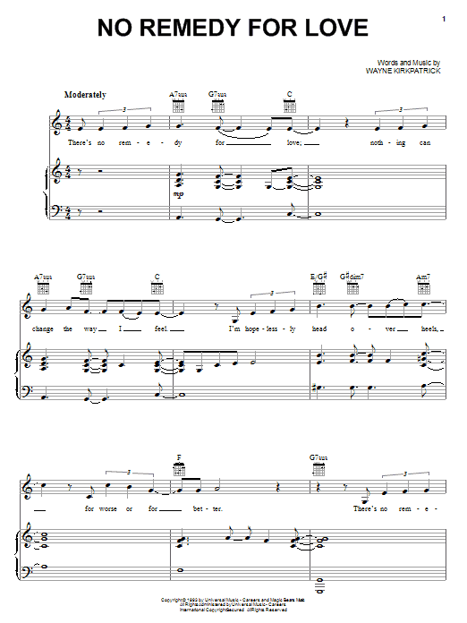 Susan Ashton No Remedy For Love Sheet Music Notes & Chords for Piano, Vocal & Guitar (Right-Hand Melody) - Download or Print PDF