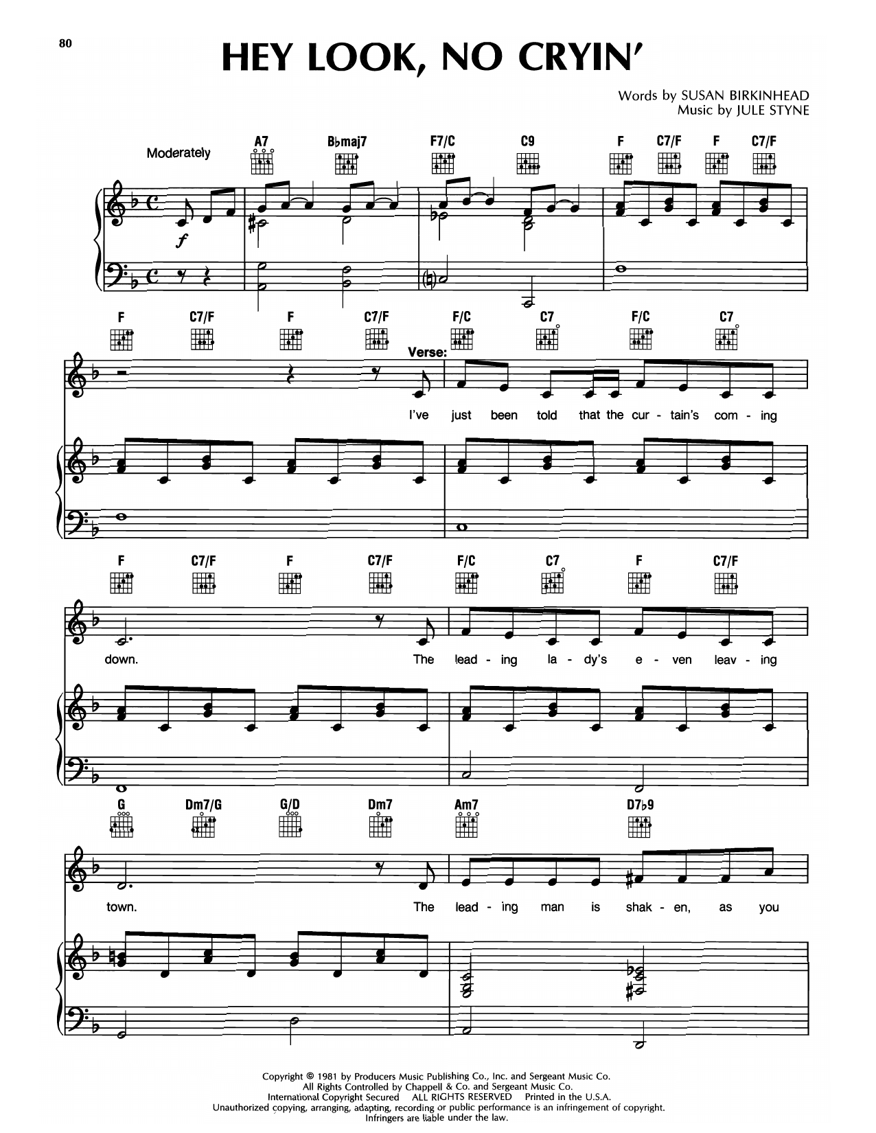 Susan Birkinhead & Jule Styne Hey Look, No Cryin' Sheet Music Notes & Chords for Piano & Vocal - Download or Print PDF