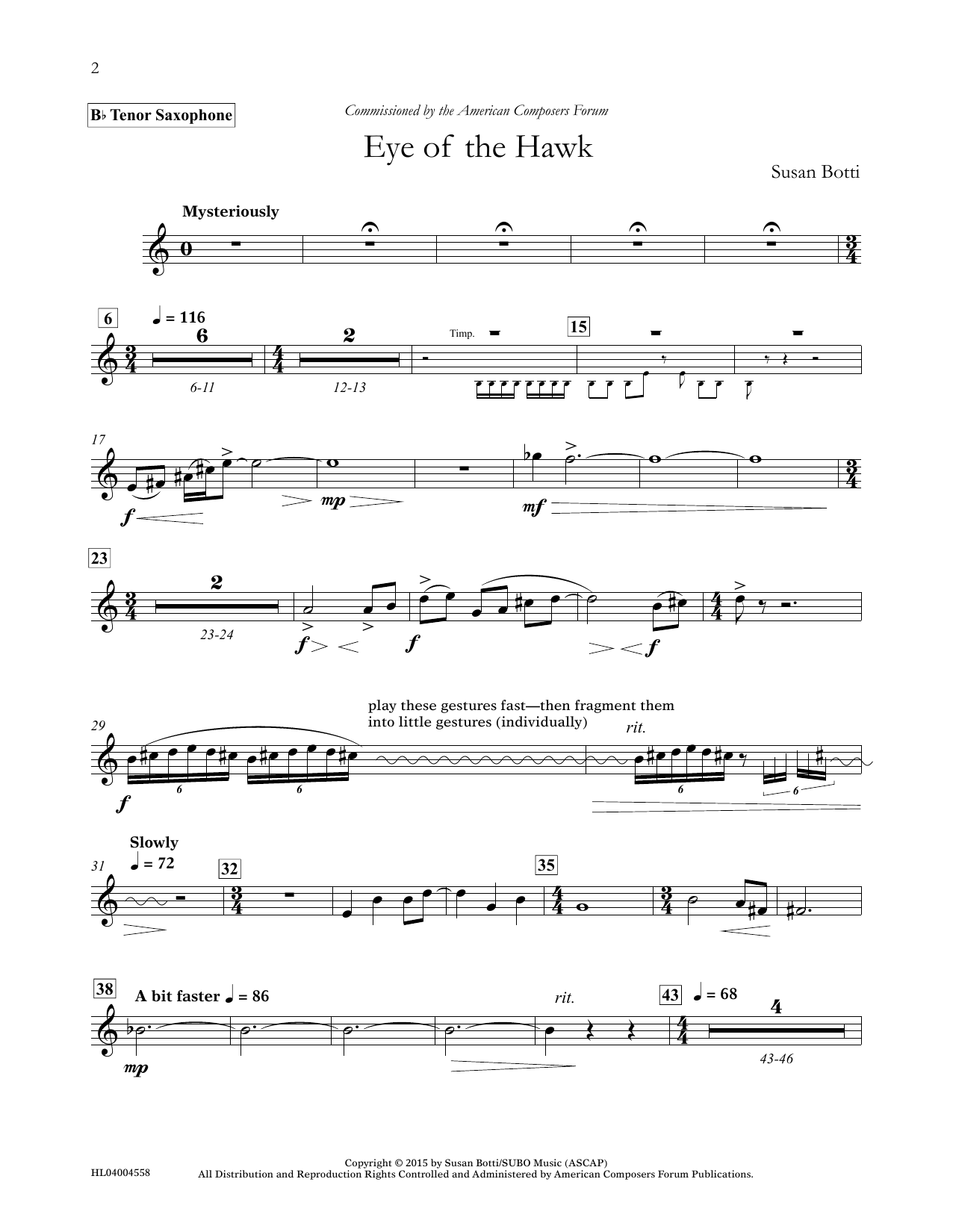 Susan Botti Eye of the Hawk - Bb Tenor Saxophone Sheet Music Notes & Chords for Concert Band - Download or Print PDF
