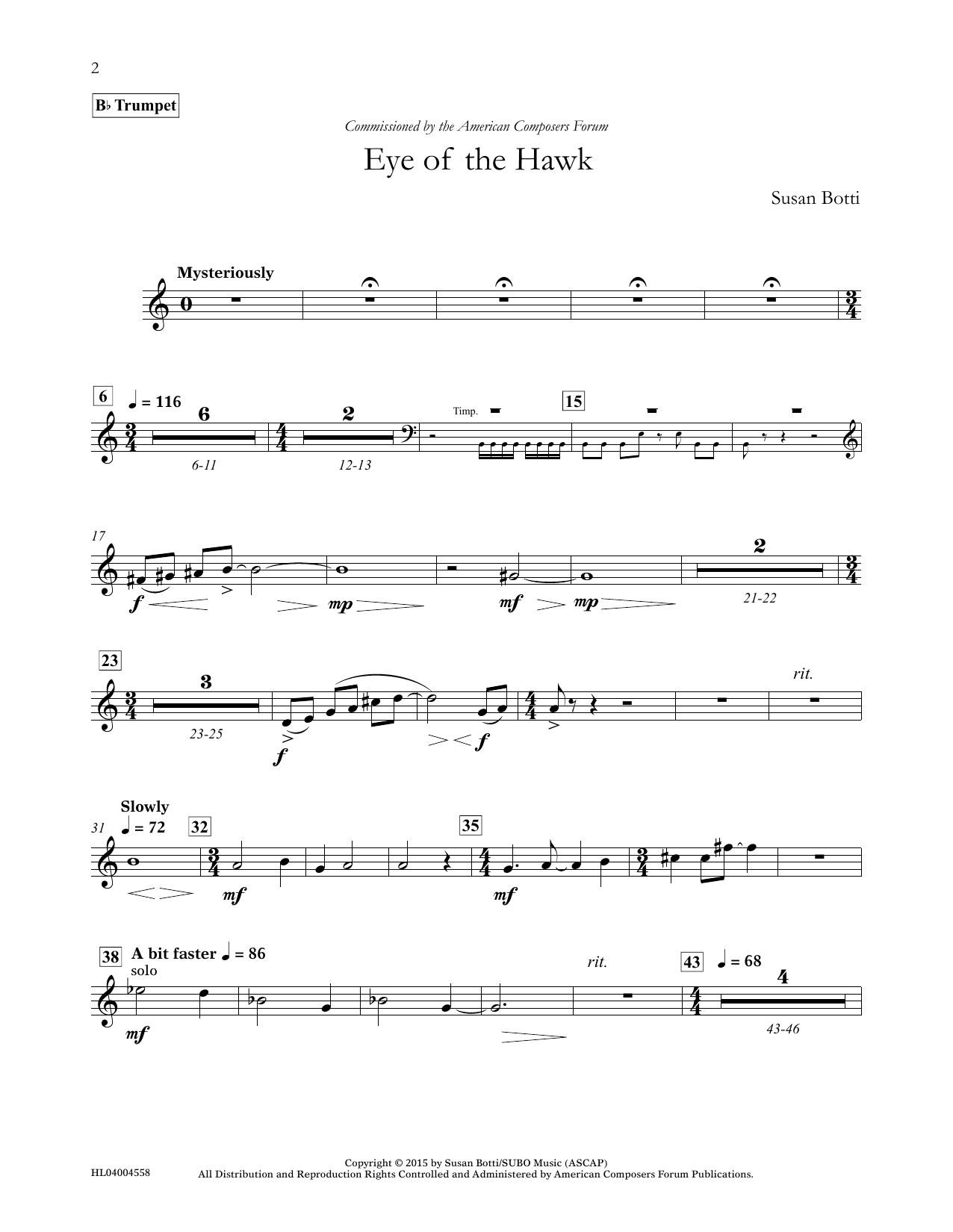 Susan Botti Eye of the Hawk - Bb Trumpet Sheet Music Notes & Chords for Concert Band - Download or Print PDF
