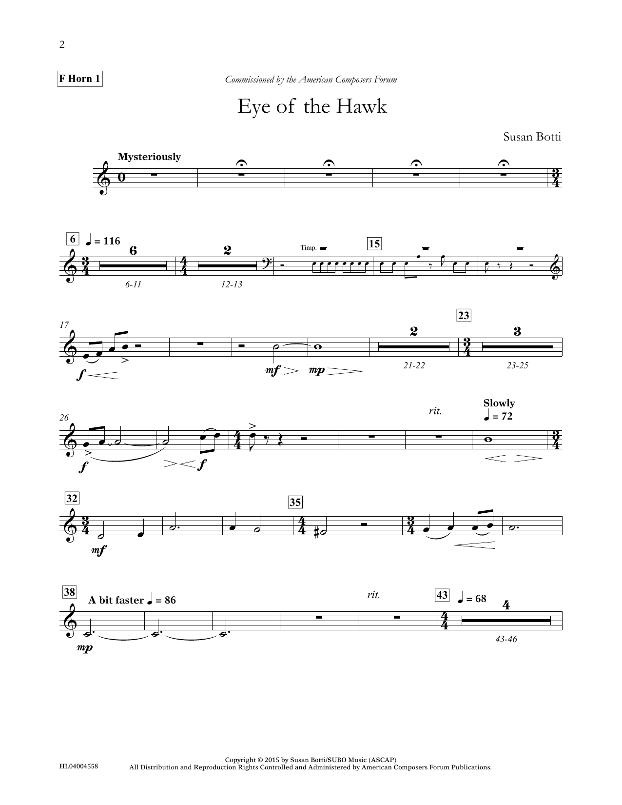 Susan Botti Eye of the Hawk - F Horn 1 Sheet Music Notes & Chords for Concert Band - Download or Print PDF