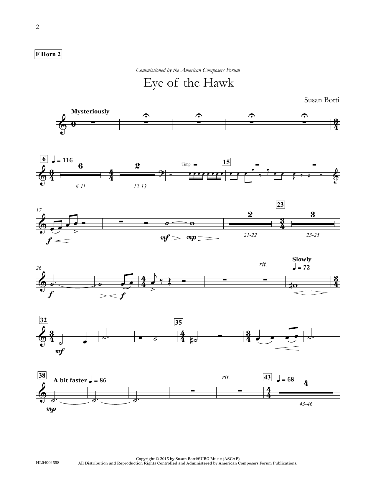 Susan Botti Eye of the Hawk - F Horn 2 Sheet Music Notes & Chords for Concert Band - Download or Print PDF