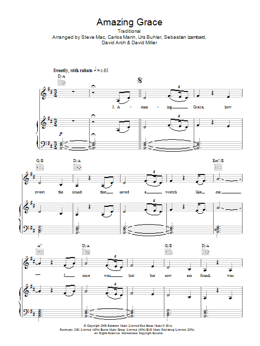 Susan Boyle Amazing Grace Sheet Music Notes & Chords for Piano, Vocal & Guitar (Right-Hand Melody) - Download or Print PDF