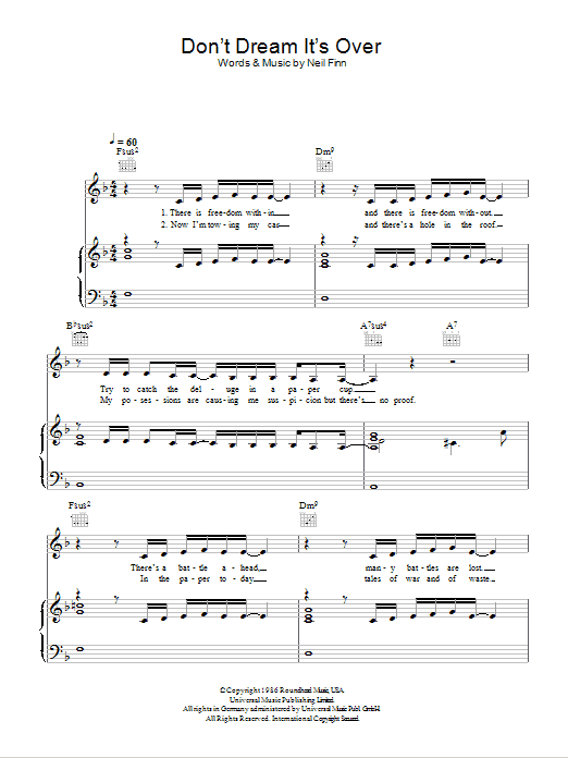 Susan Boyle Don't Dream It's Over Sheet Music Notes & Chords for Piano, Vocal & Guitar (Right-Hand Melody) - Download or Print PDF