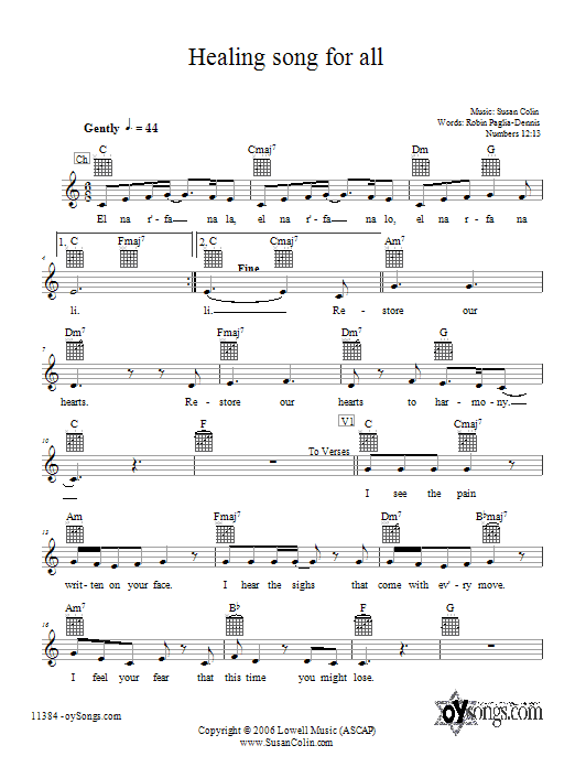 Susan Colin Healing Song For All Sheet Music Notes & Chords for Melody Line, Lyrics & Chords - Download or Print PDF