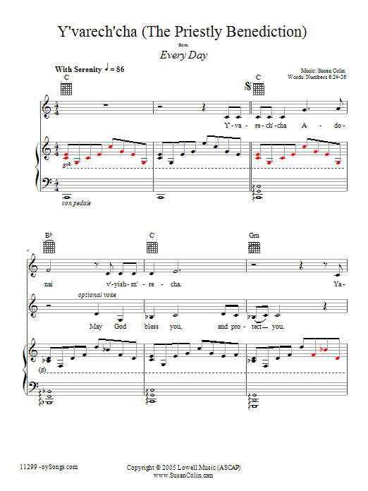 Susan Colin Y'varech'cha Sheet Music Notes & Chords for Piano, Vocal & Guitar (Right-Hand Melody) - Download or Print PDF