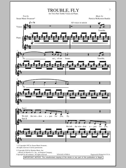 Susan Marie Swanson Trouble, Fly Sheet Music Notes & Chords for 2-Part Choir - Download or Print PDF