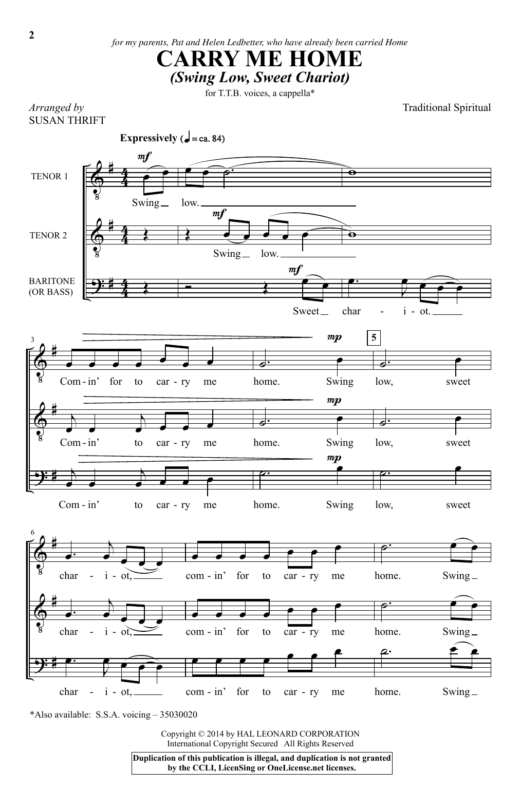 Susan Thrift Carry Me Home (Swing Low, Sweet Chariot) Sheet Music Notes & Chords for Choral TTB - Download or Print PDF