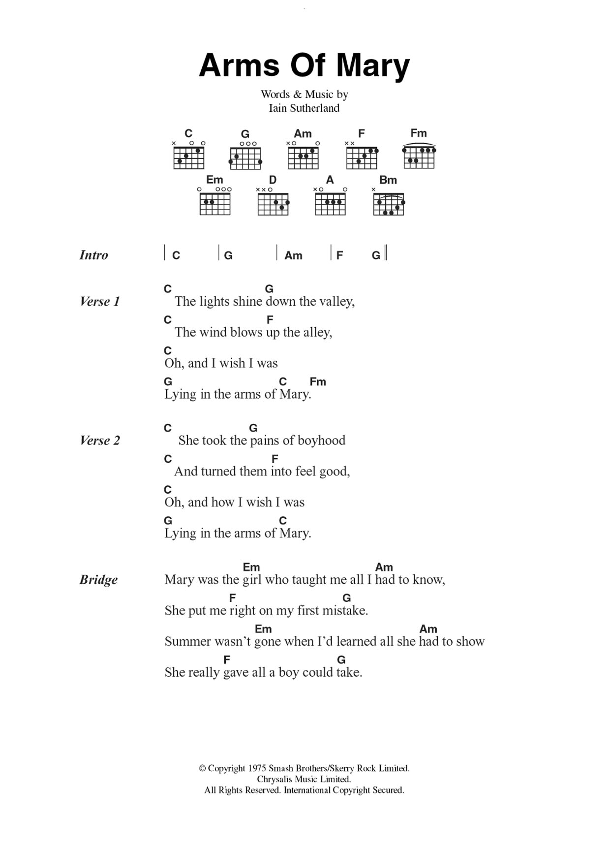 Sutherland Brothers Arms Of Mary Sheet Music Notes & Chords for Guitar Chords/Lyrics - Download or Print PDF