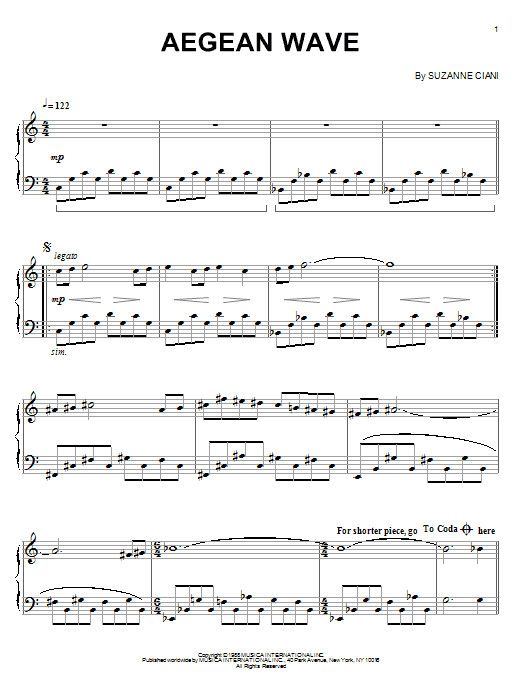 Suzanne Ciani Aegean Wave Sheet Music Notes & Chords for Piano - Download or Print PDF