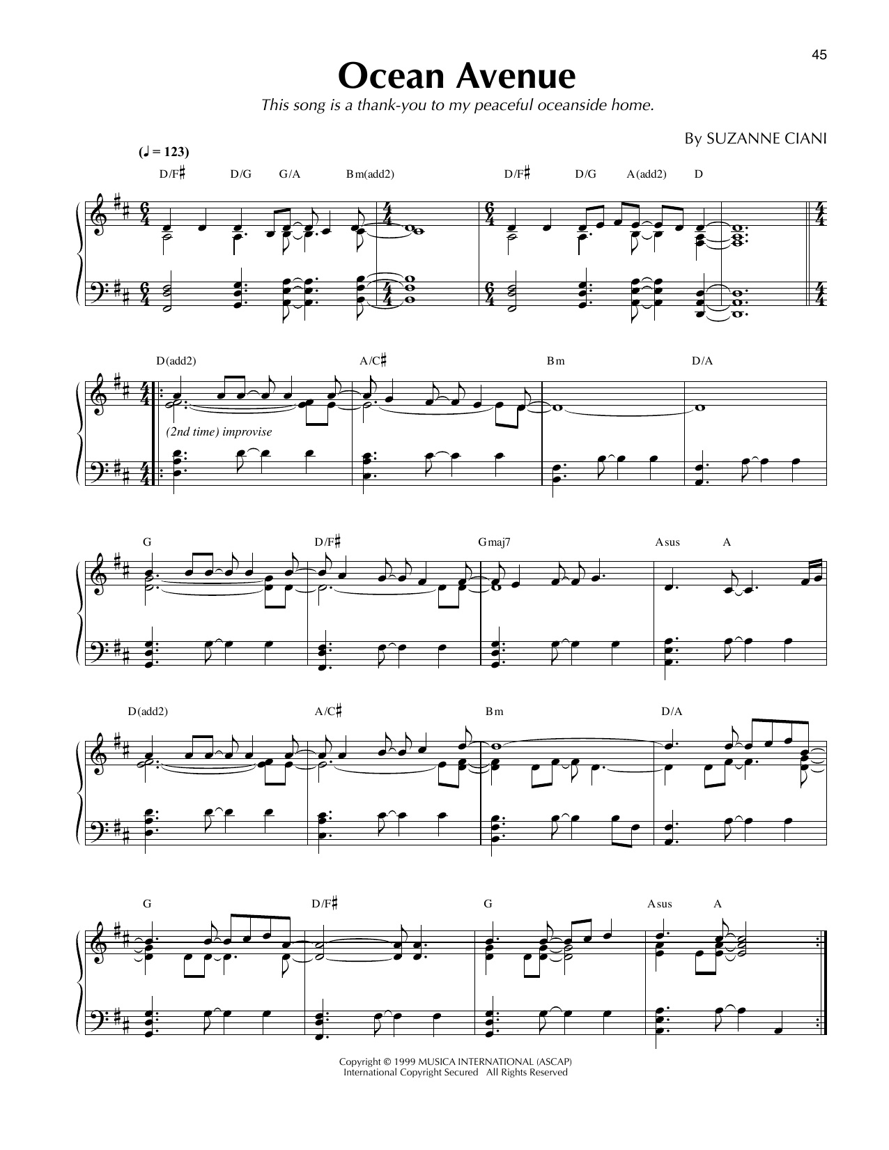 Suzanne Ciani Ocean Avenue Sheet Music Notes & Chords for Piano Solo - Download or Print PDF