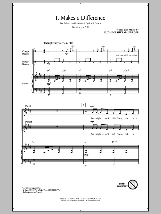 Suzanne Sherman Propp It Makes A Difference Sheet Music Notes & Chords for 2-Part Choir - Download or Print PDF