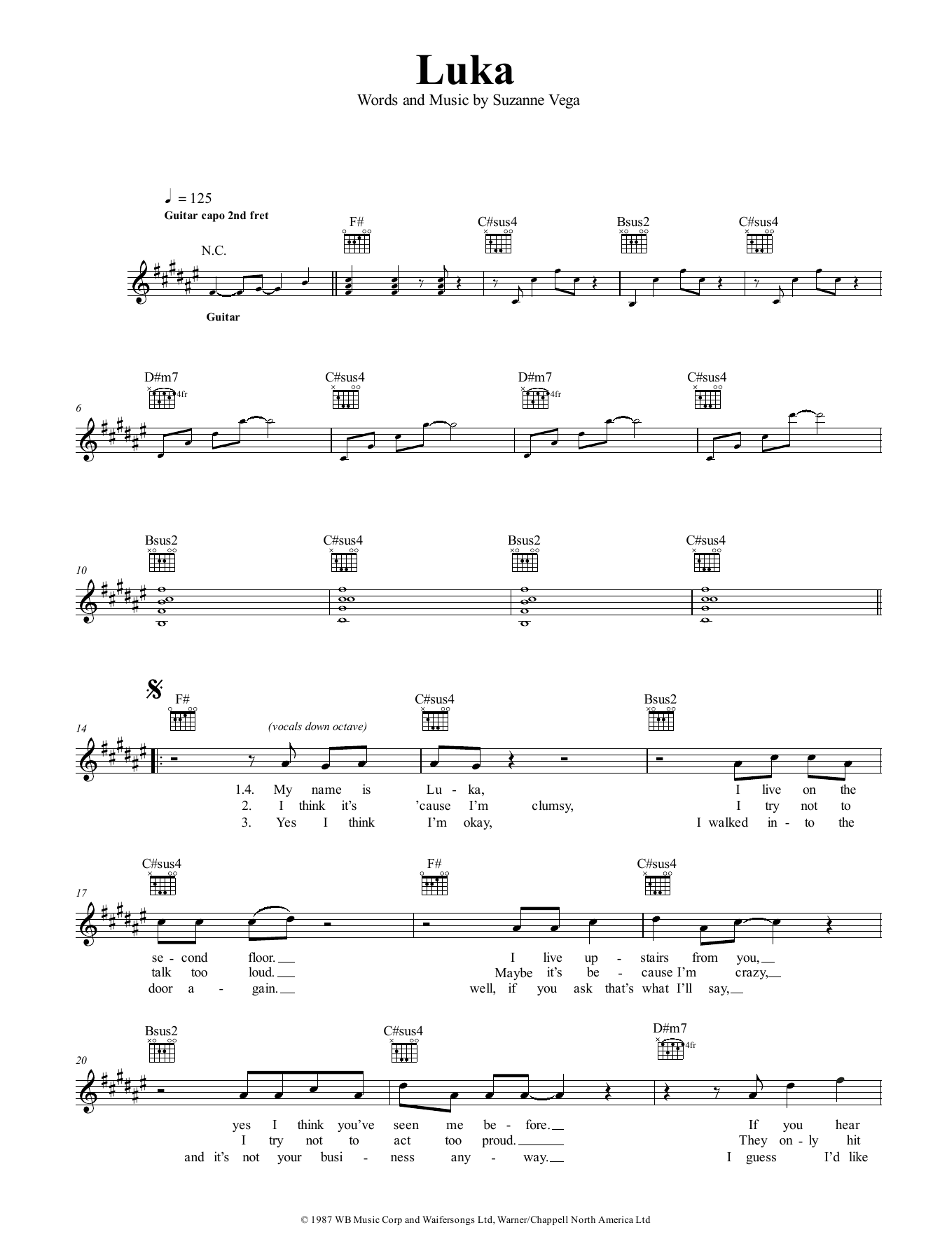 Suzanne Vega Luka Sheet Music Notes & Chords for Piano, Vocal & Guitar (Right-Hand Melody) - Download or Print PDF