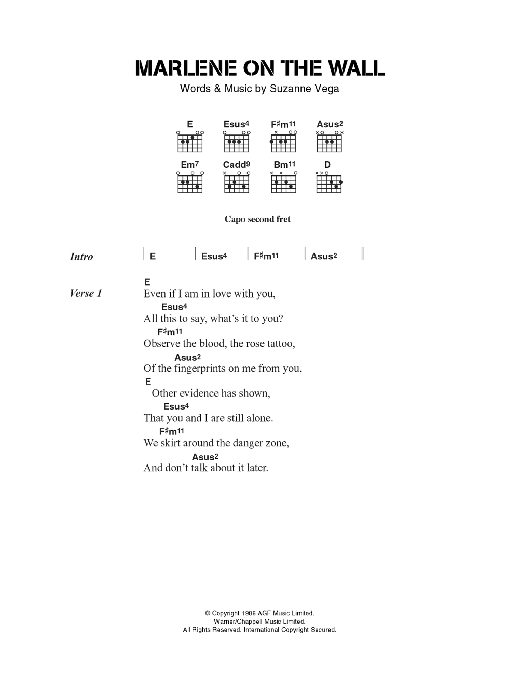 Suzanne Vega Marlene On The Wall Sheet Music Notes & Chords for Lyrics & Chords - Download or Print PDF