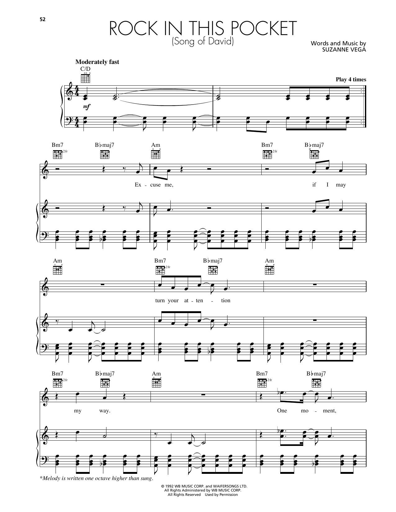Suzanne Vega Rock In This Pocket (Song of David) Sheet Music Notes & Chords for Piano, Vocal & Guitar Chords (Right-Hand Melody) - Download or Print PDF