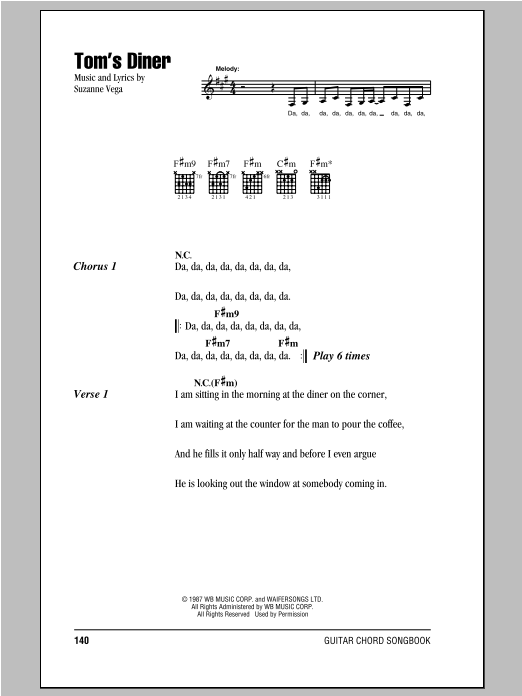 Suzanne Vega Tom's Diner Sheet Music Notes & Chords for Piano, Vocal & Guitar (Right-Hand Melody) - Download or Print PDF