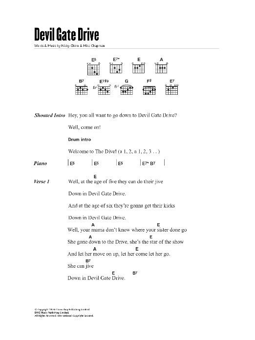 Suzi Quatro Devil Gate Drive Sheet Music Notes & Chords for Lyrics & Chords - Download or Print PDF