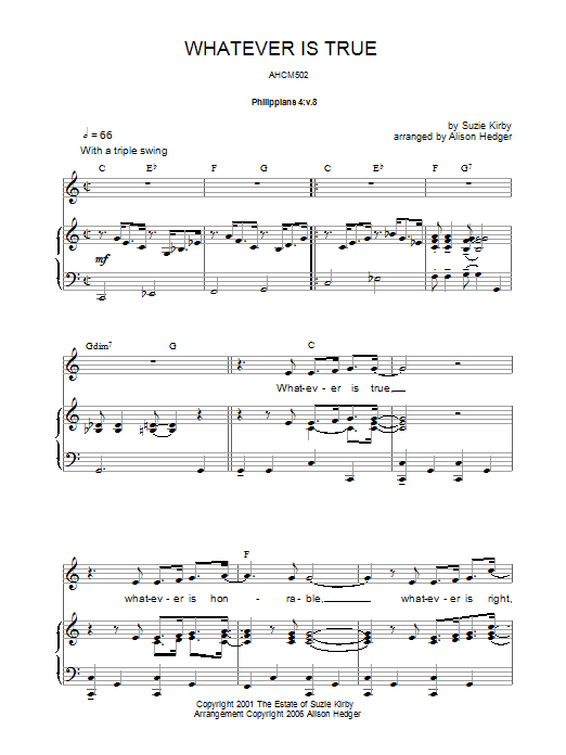 Suzie Kirby Whatever Is True Sheet Music Notes & Chords for Piano, Vocal & Guitar (Right-Hand Melody) - Download or Print PDF