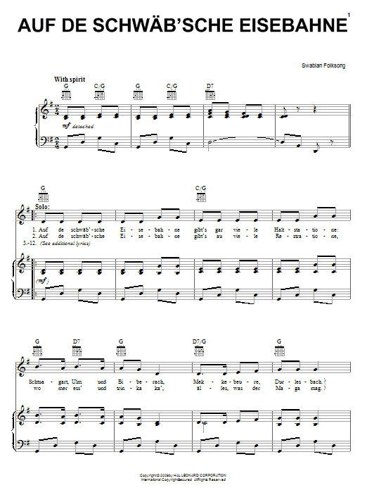 Swabian Folksong Auf De Schwab'sche Eisebahne Sheet Music Notes & Chords for Piano, Vocal & Guitar (Right-Hand Melody) - Download or Print PDF
