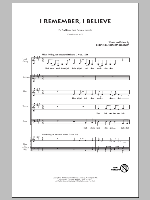 Sweet Honey In The Rock I Remember, I Believe Sheet Music Notes & Chords for SATB - Download or Print PDF