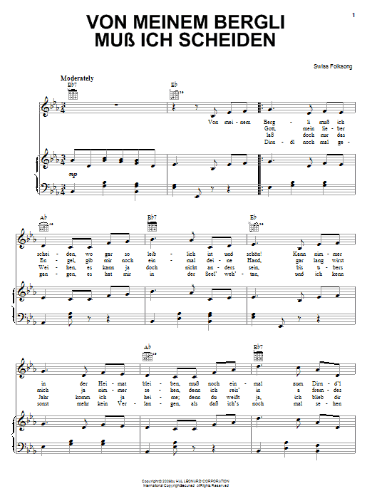 Swiss Folksong Von Meinem Bergli Muss Ich Scheiden Sheet Music Notes & Chords for Piano, Vocal & Guitar (Right-Hand Melody) - Download or Print PDF