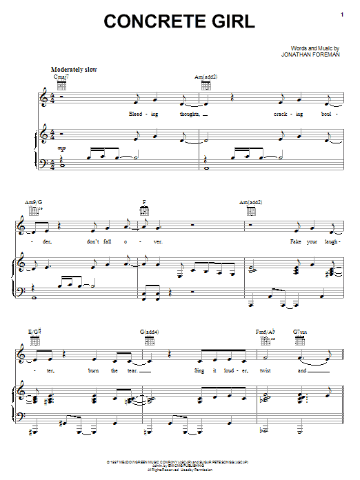 Switchfoot Concrete Girl Sheet Music Notes & Chords for Piano, Vocal & Guitar (Right-Hand Melody) - Download or Print PDF