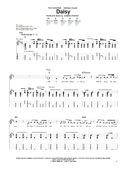 Switchfoot Daisy Sheet Music Notes & Chords for Piano, Vocal & Guitar (Right-Hand Melody) - Download or Print PDF Switchfoot Daisy Sheet Music Notes & Chords for Piano, Vocal & Guitar (Right-Hand Melody) - Download or Print PDF