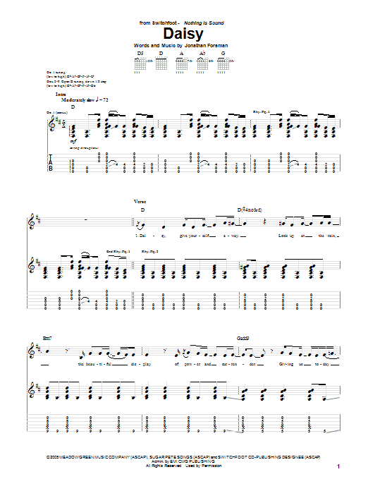 Switchfoot Daisy Sheet Music Notes & Chords for Guitar Tab - Download or Print PDF