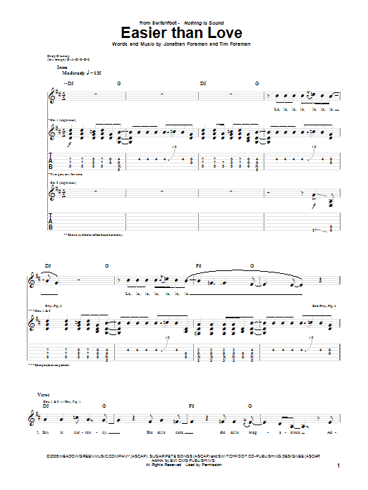 Switchfoot Easier Than Love Sheet Music Notes & Chords for Piano, Vocal & Guitar (Right-Hand Melody) - Download or Print PDF
