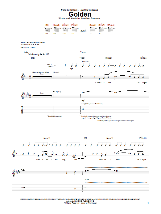 Switchfoot Golden Sheet Music Notes & Chords for Guitar Tab - Download or Print PDF