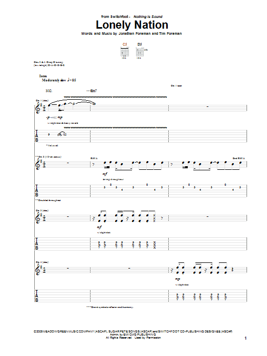 Switchfoot Lonely Nation Sheet Music Notes & Chords for Guitar Tab - Download or Print PDF