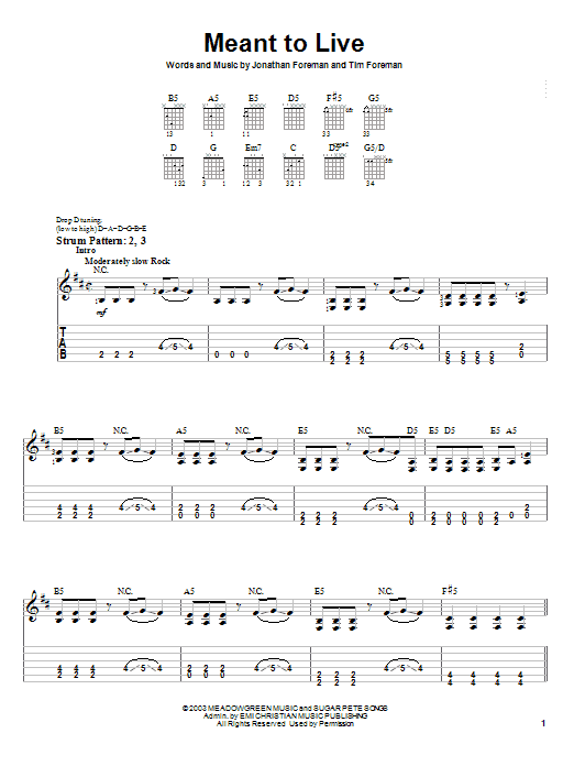Switchfoot Meant To Live Sheet Music Notes & Chords for Guitar Tab Play-Along - Download or Print PDF