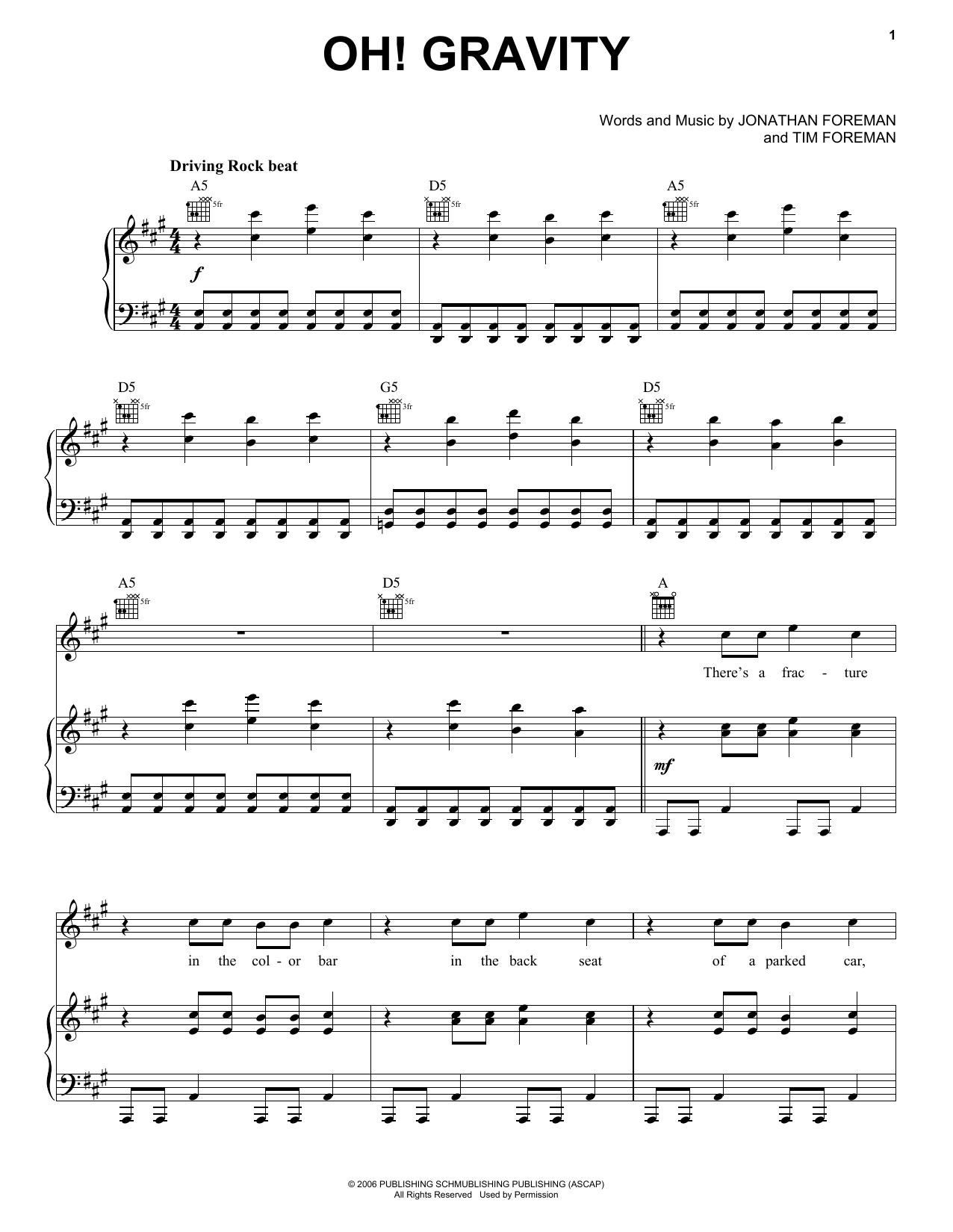 Switchfoot Oh! Gravity Sheet Music Notes & Chords for Piano, Vocal & Guitar (Right-Hand Melody) - Download or Print PDF